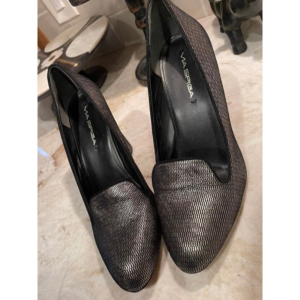 New! Via Spiga heeled loafers metallic silver and black  sz 9-1/2